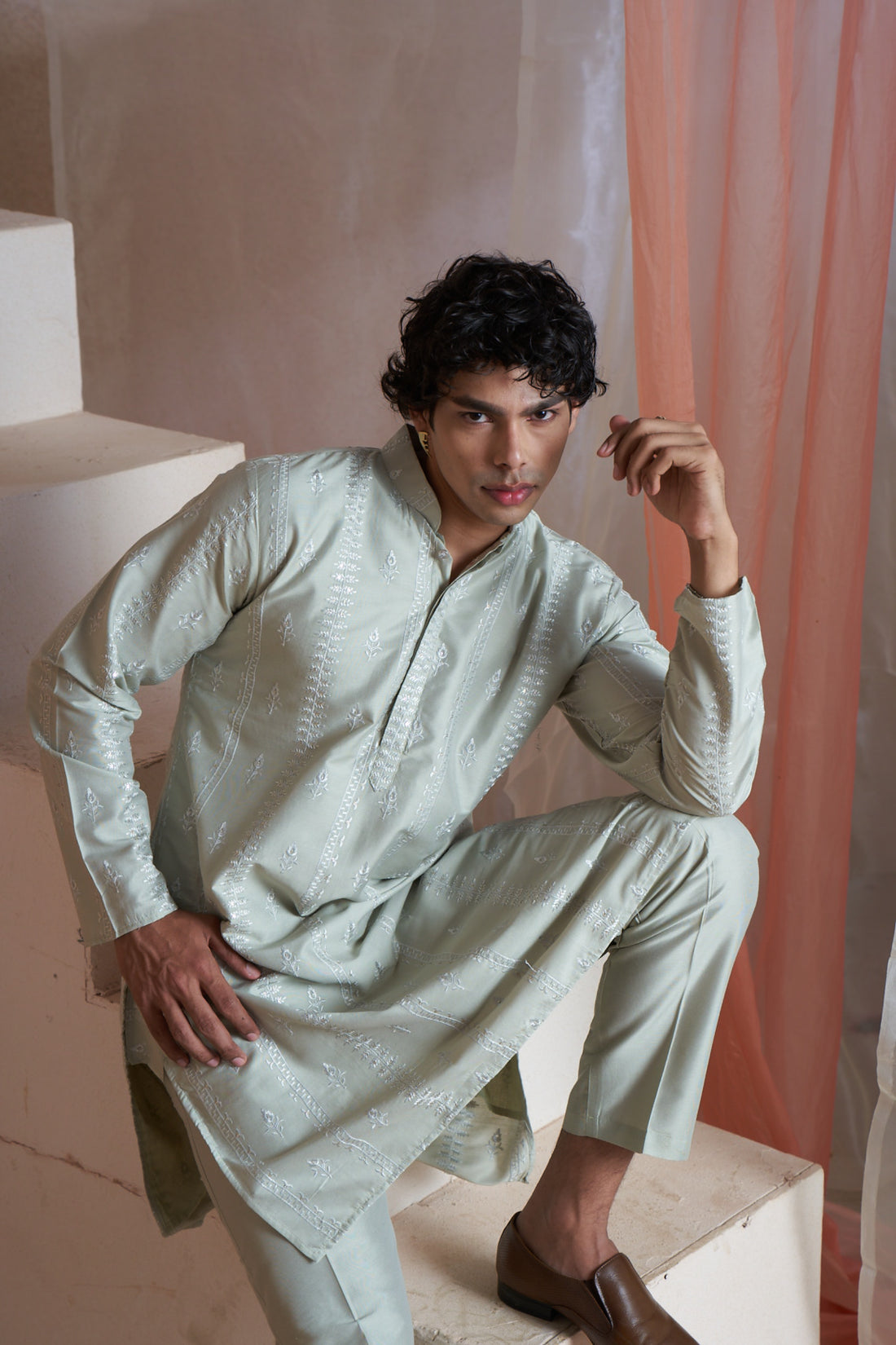 Light Green Embroidered and Sequence Kurta Set