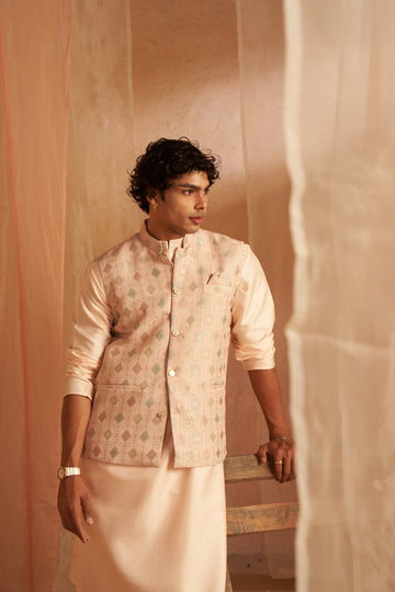 Peach Embroidery Nehru Jacket Set