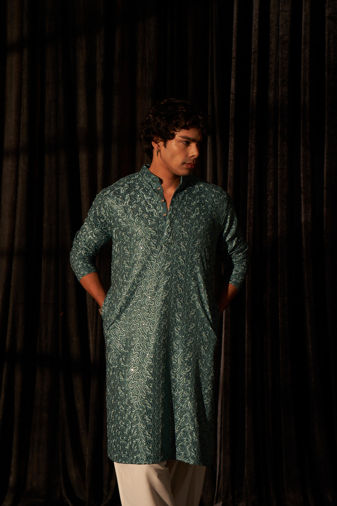 Cyan Blue Embroidery and Spherical Sequence Kurta