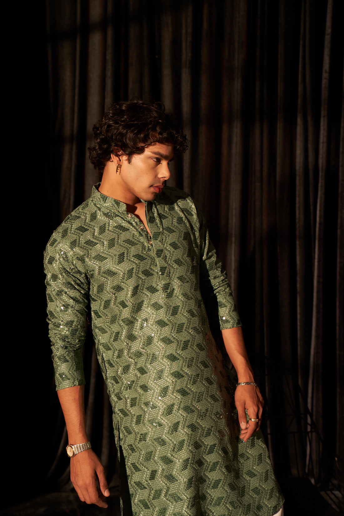 Green Embroidery and Leaf Sequence Kurta