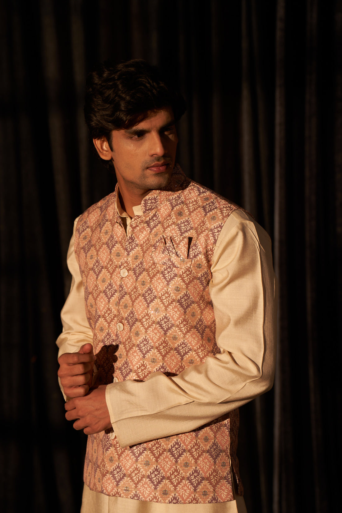 Mocha Mousse Color Embroidery Nehru Jacket Set