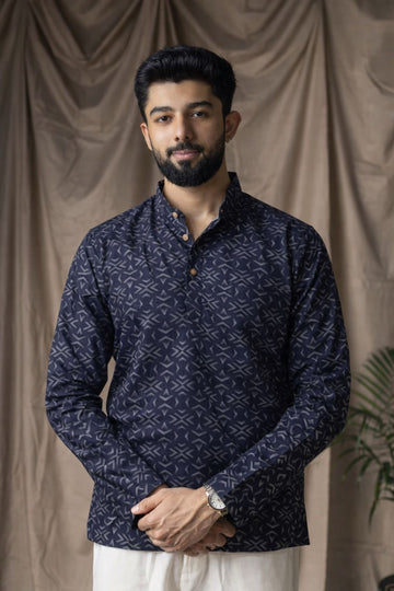 Midnight Blue Motif Linen Short Kurta