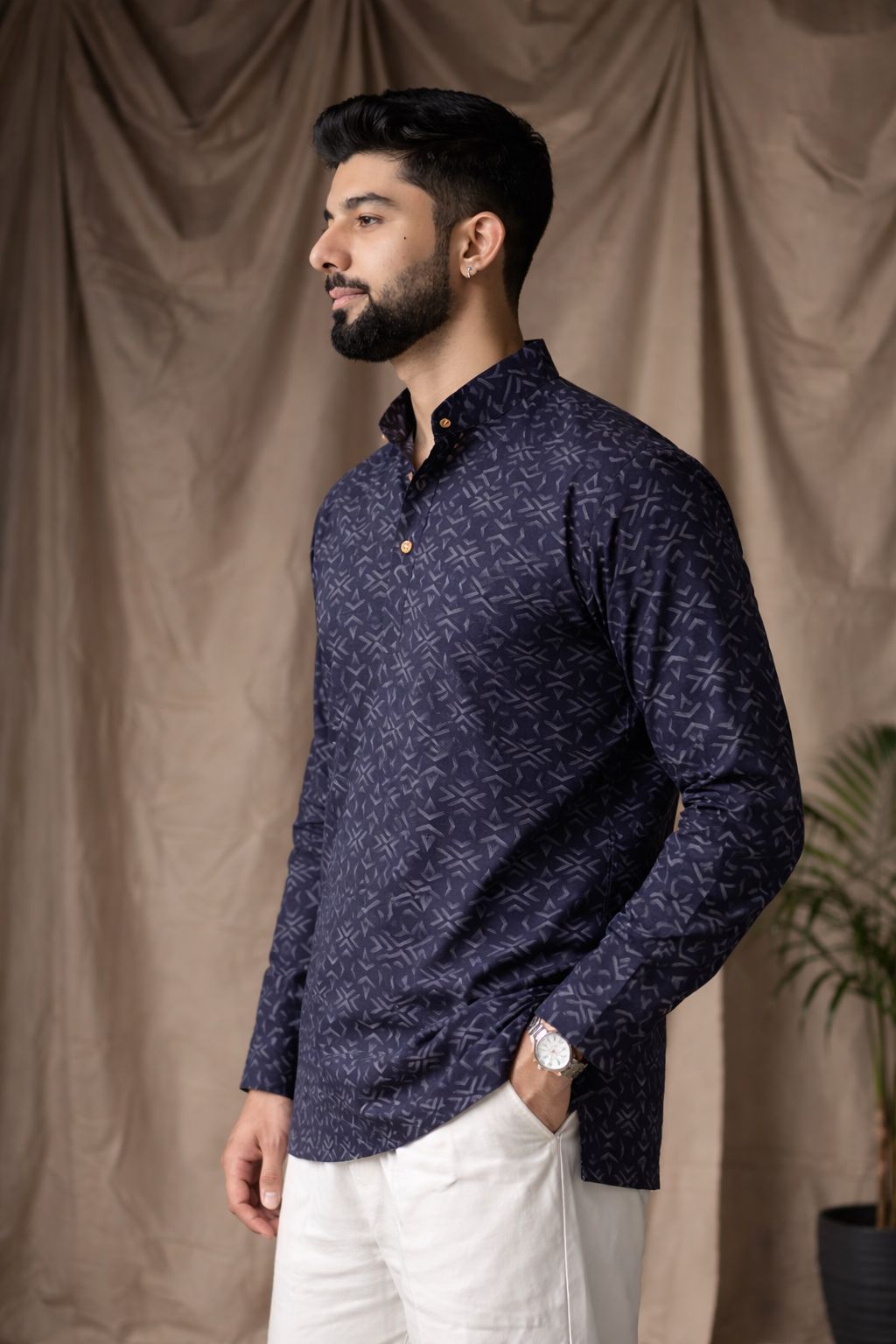 Midnight Blue Motif Linen Short Kurta