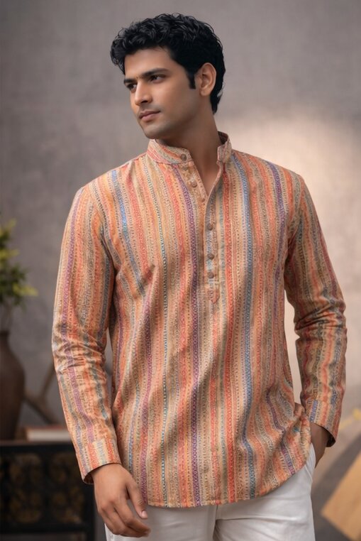 Multicolor Stripe Linen Short Kurta