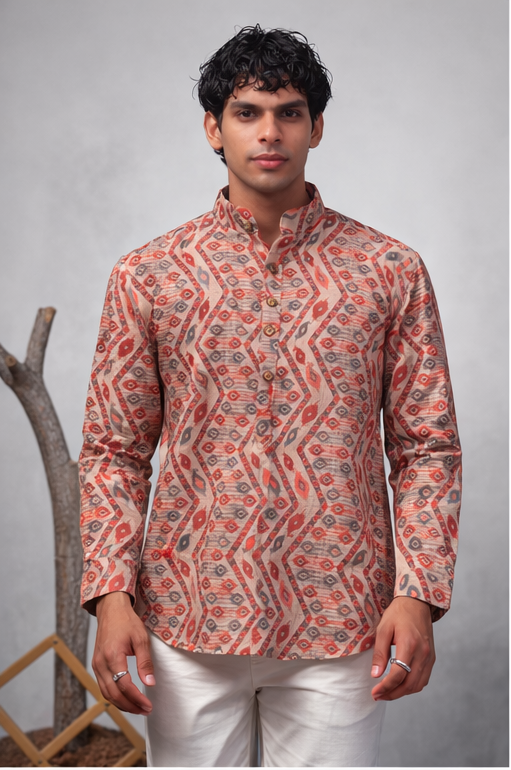 Rust Geometric Motif Linen Short Kurta