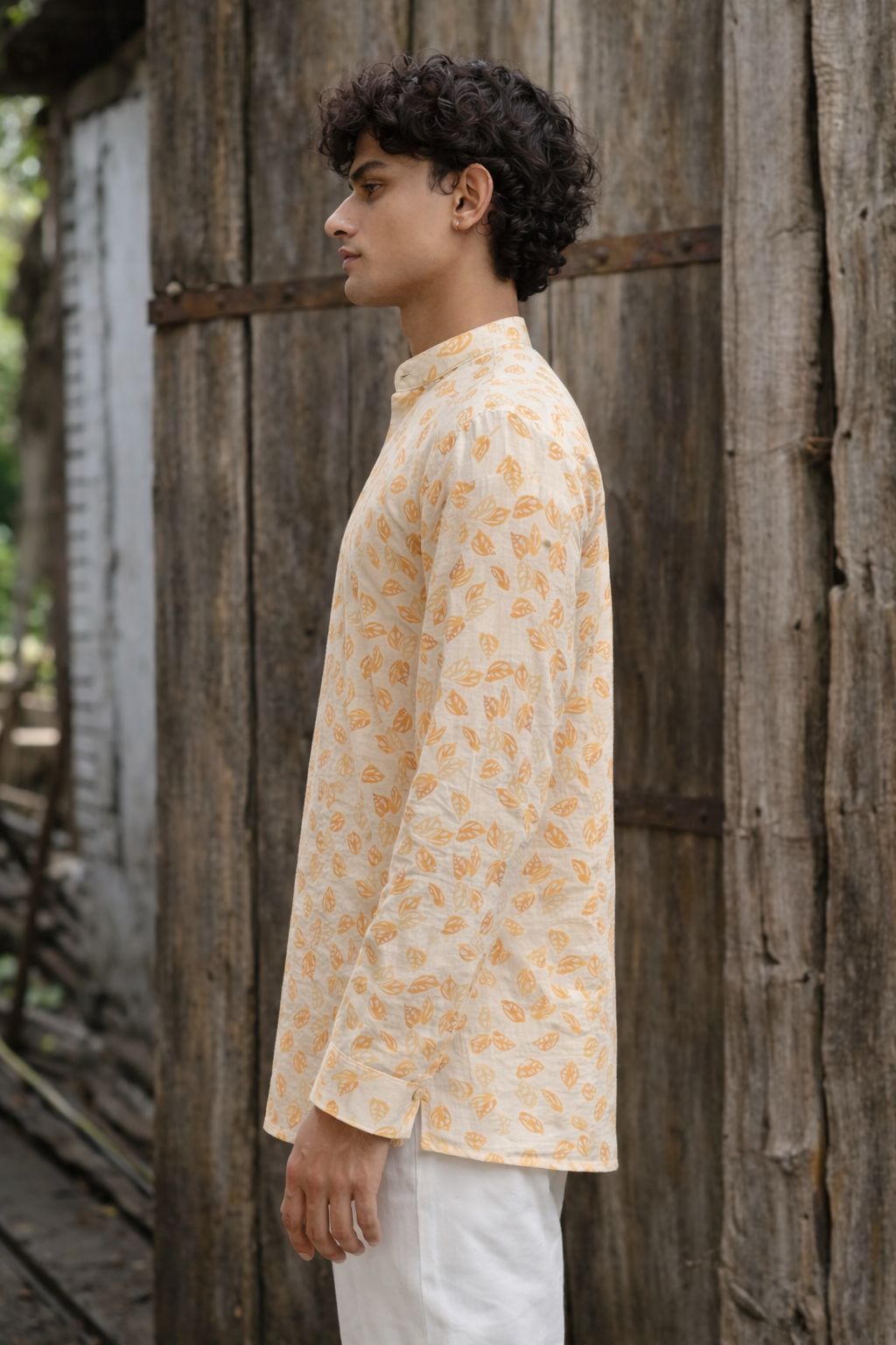 Mustard Yellow Leaf Motif Linen Short Kurta