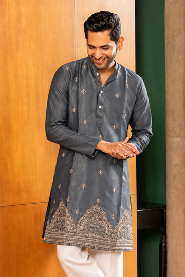 Charcoal Grey Heritage Embroidered Kurta
