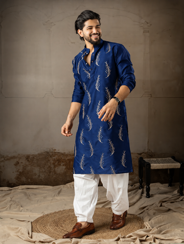 Navy Blue Leaf Embroidery Motif Kurta