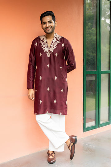 Burgundy Floral Neckline Embroidered Kurta