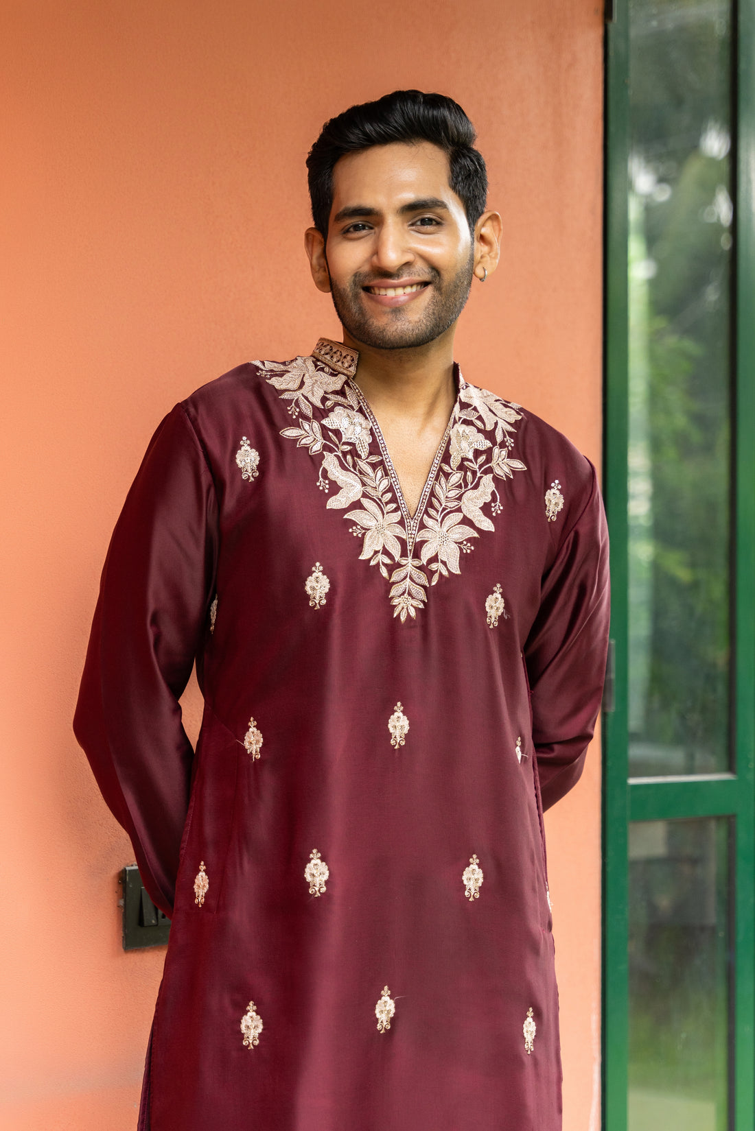 Burgundy Floral Neckline Embroidered Kurta