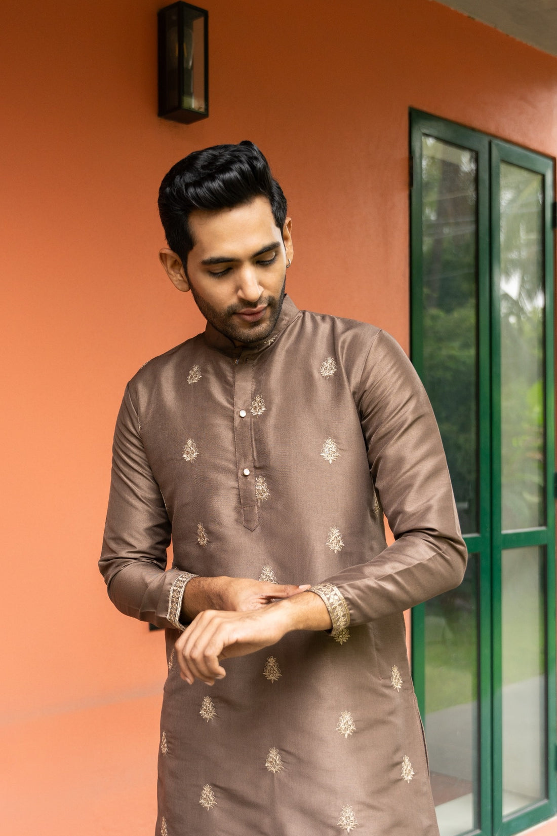 Brown Motif Embroidered Kurta