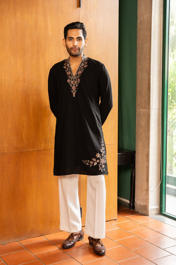 Black Embroidered Kurta with Floral Neckline