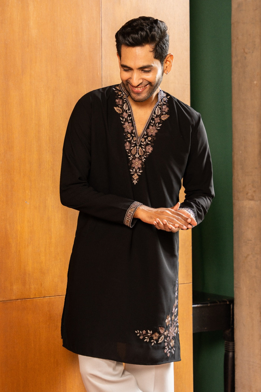 Black Embroidered Kurta with Floral Neckline