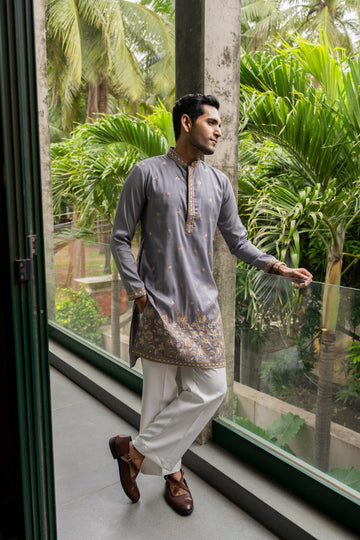 Regal Grey Floral Embroidered Kurta
