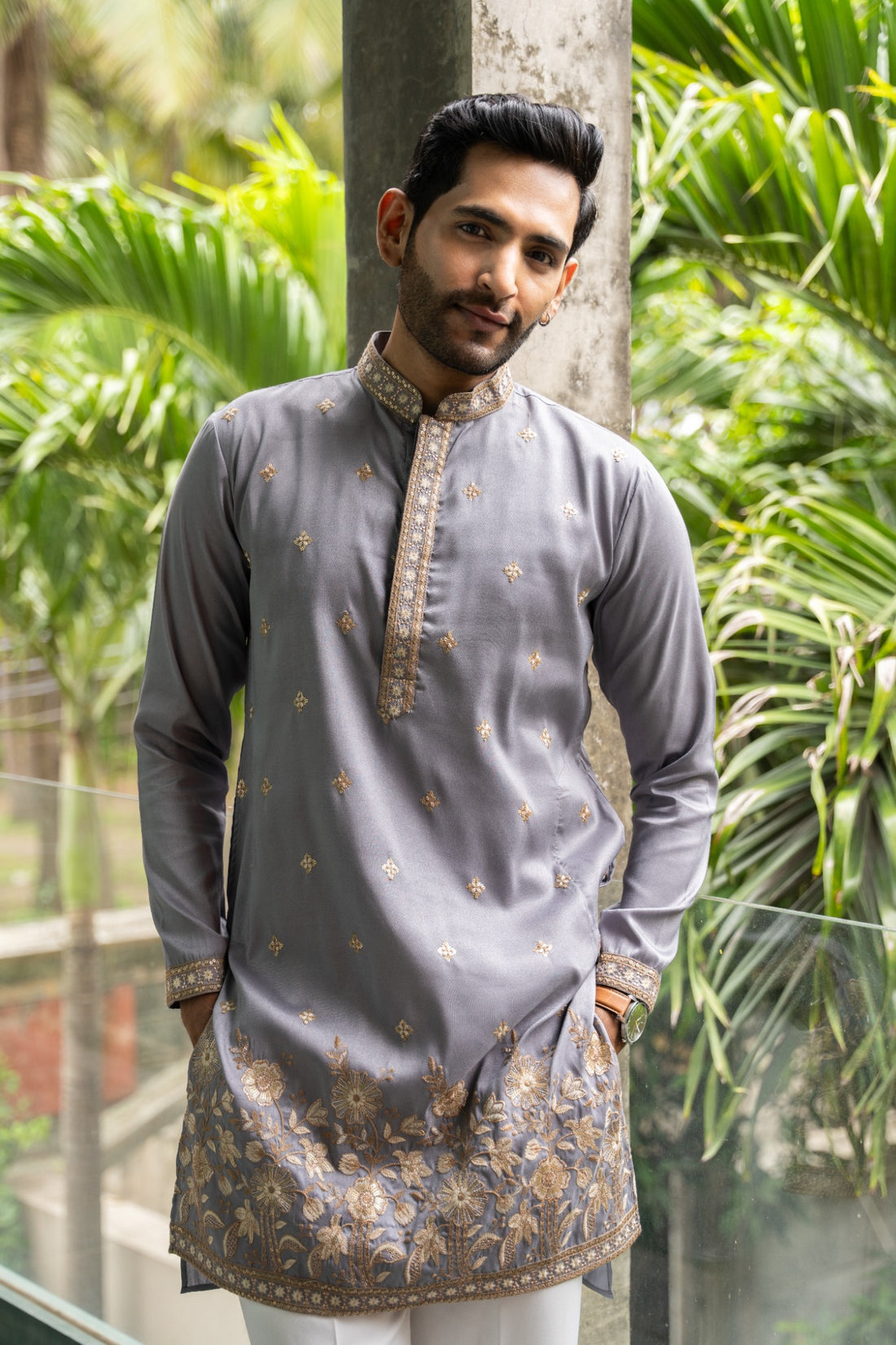 Regal Grey Floral Embroidered Kurta