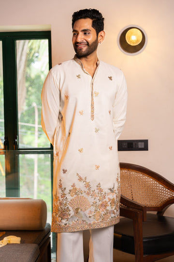Ivory Peacock Garden Embroidered Kurta
