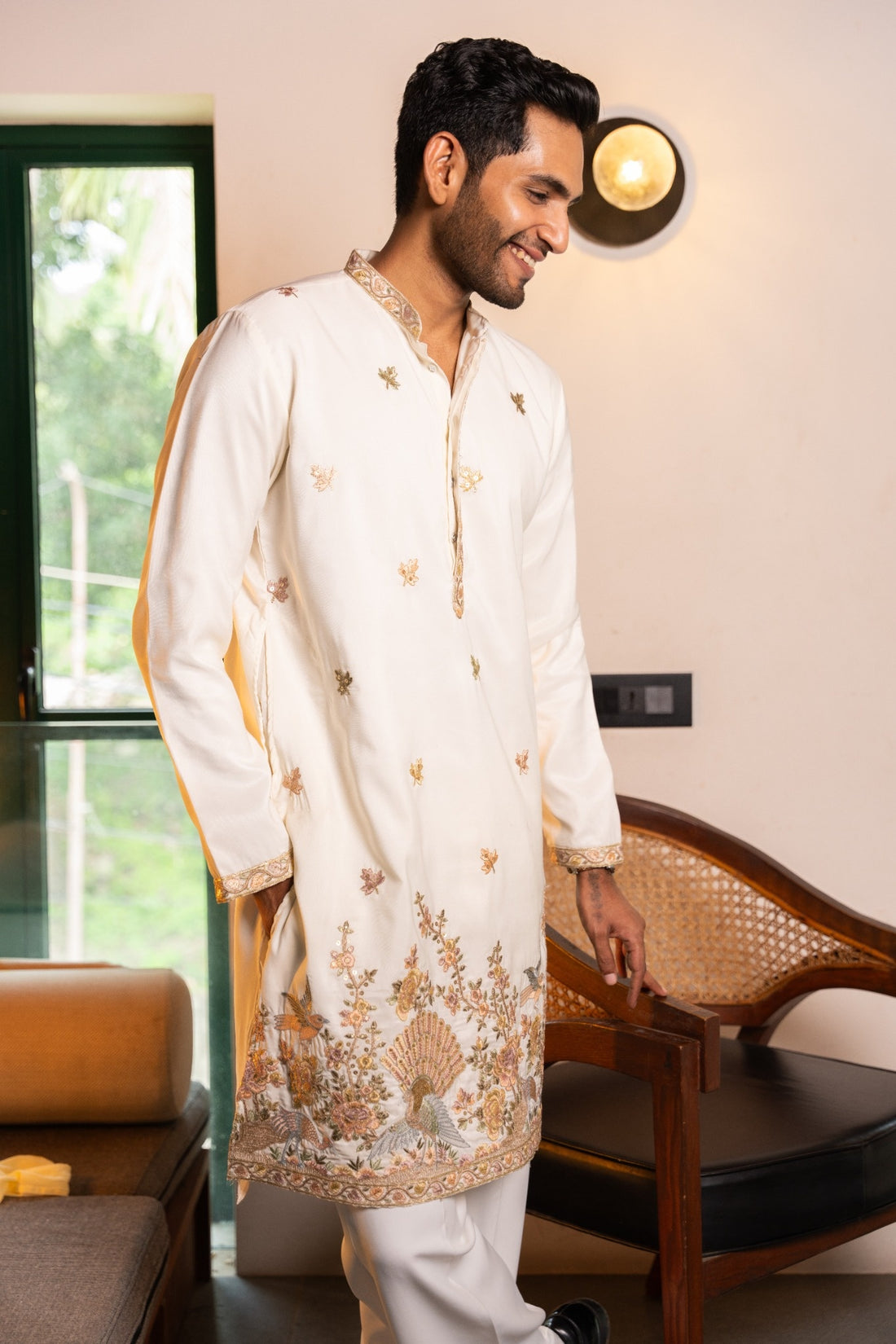 Ivory Peacock Garden Embroidered Kurta