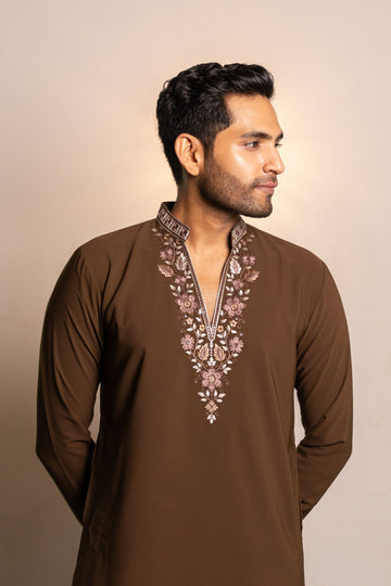 Mocha Bloom Embroidered Kurta