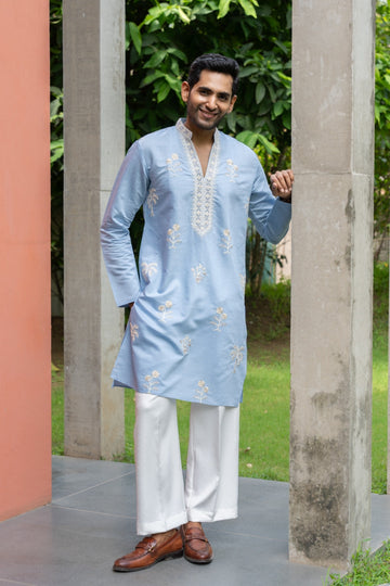 Powder Blue Floral Embroidered Kurta
