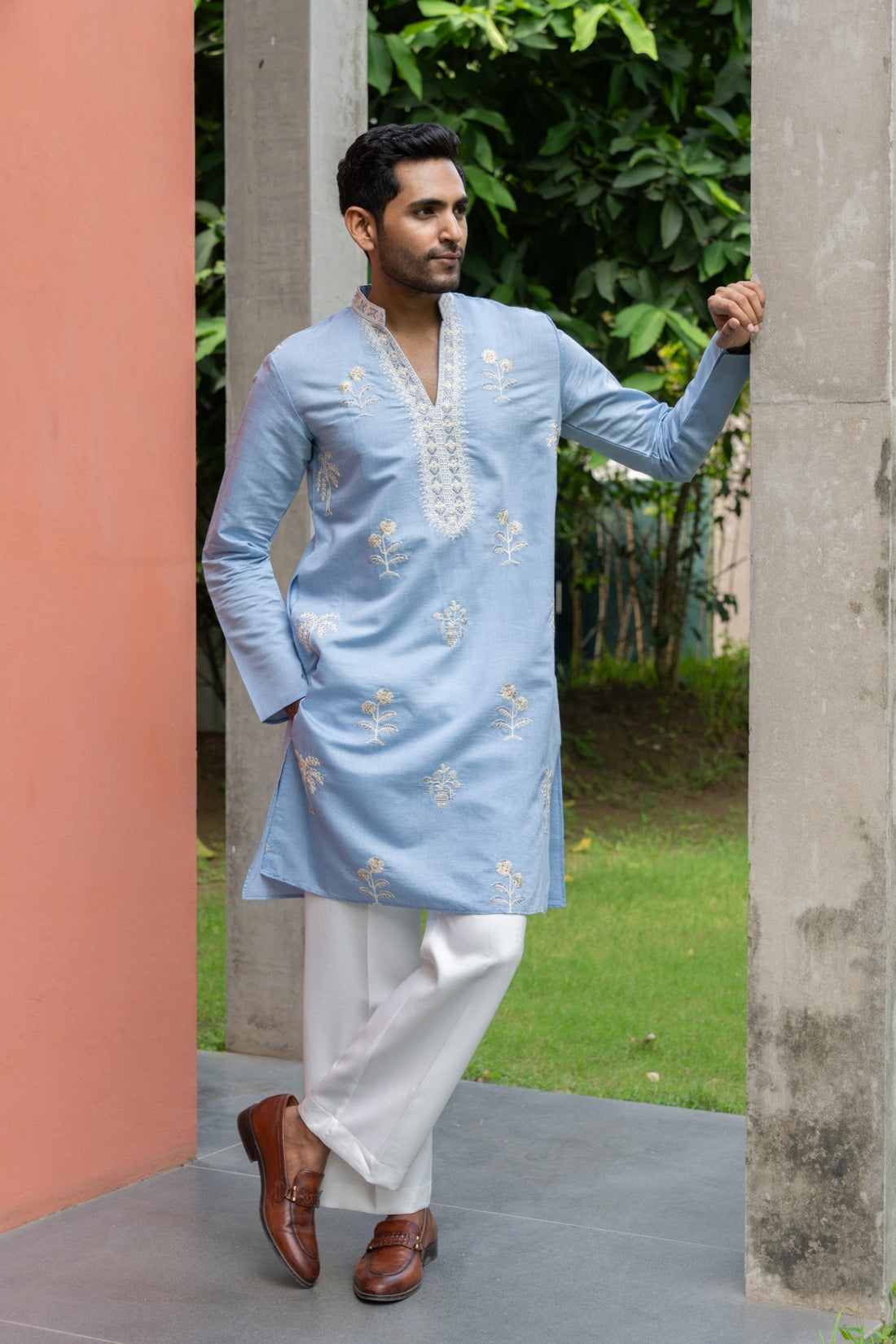 Powder Blue Floral Embroidered Kurta