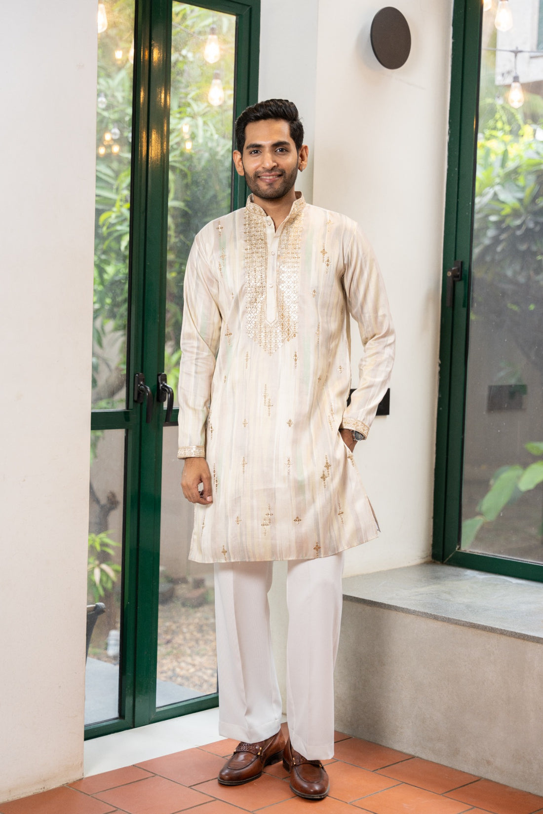 Multi Color Regal Stripe Embroidered Kurta