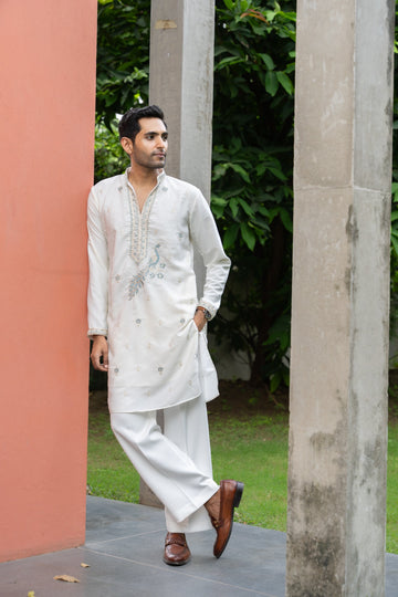 Ivory Blue Peacock Embroidered Kurta