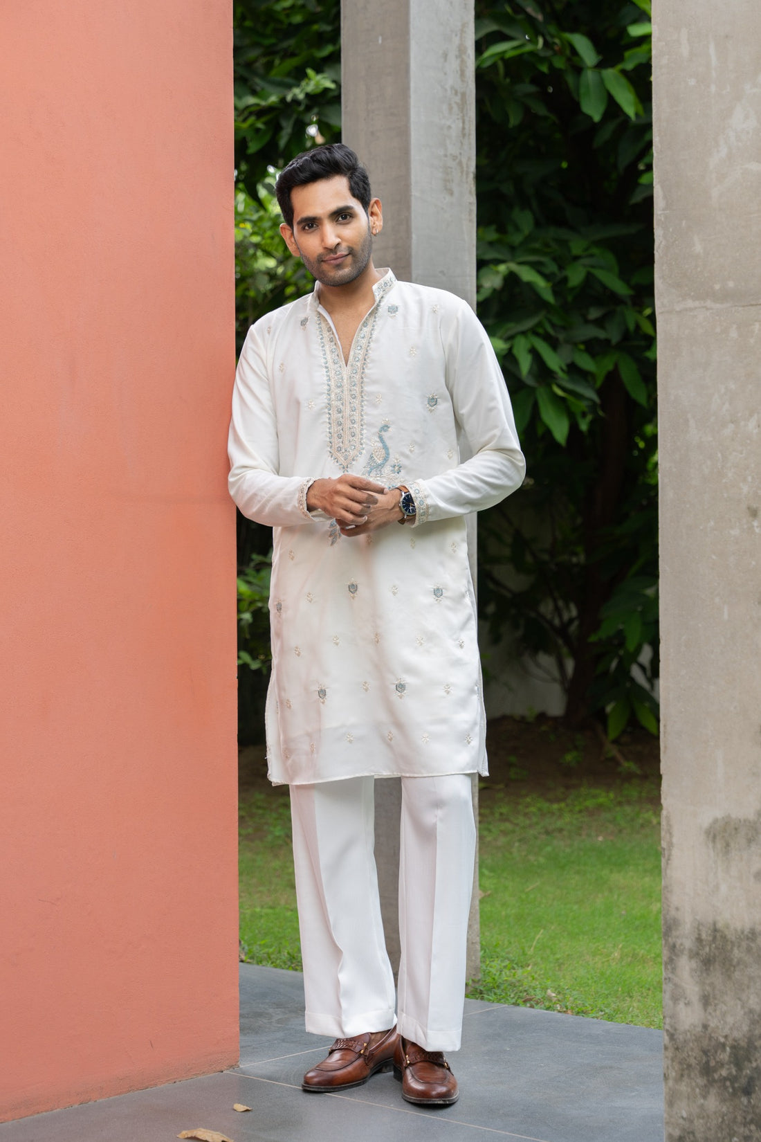 Ivory Blue Peacock Embroidered Kurta