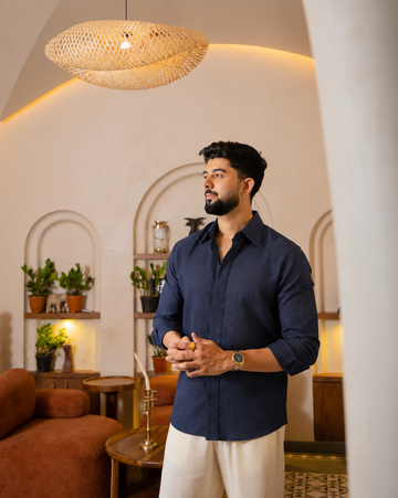 Indigo Linen Layered Placket Shirt