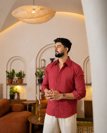 Rust Red Linen Layered Placket Shirt