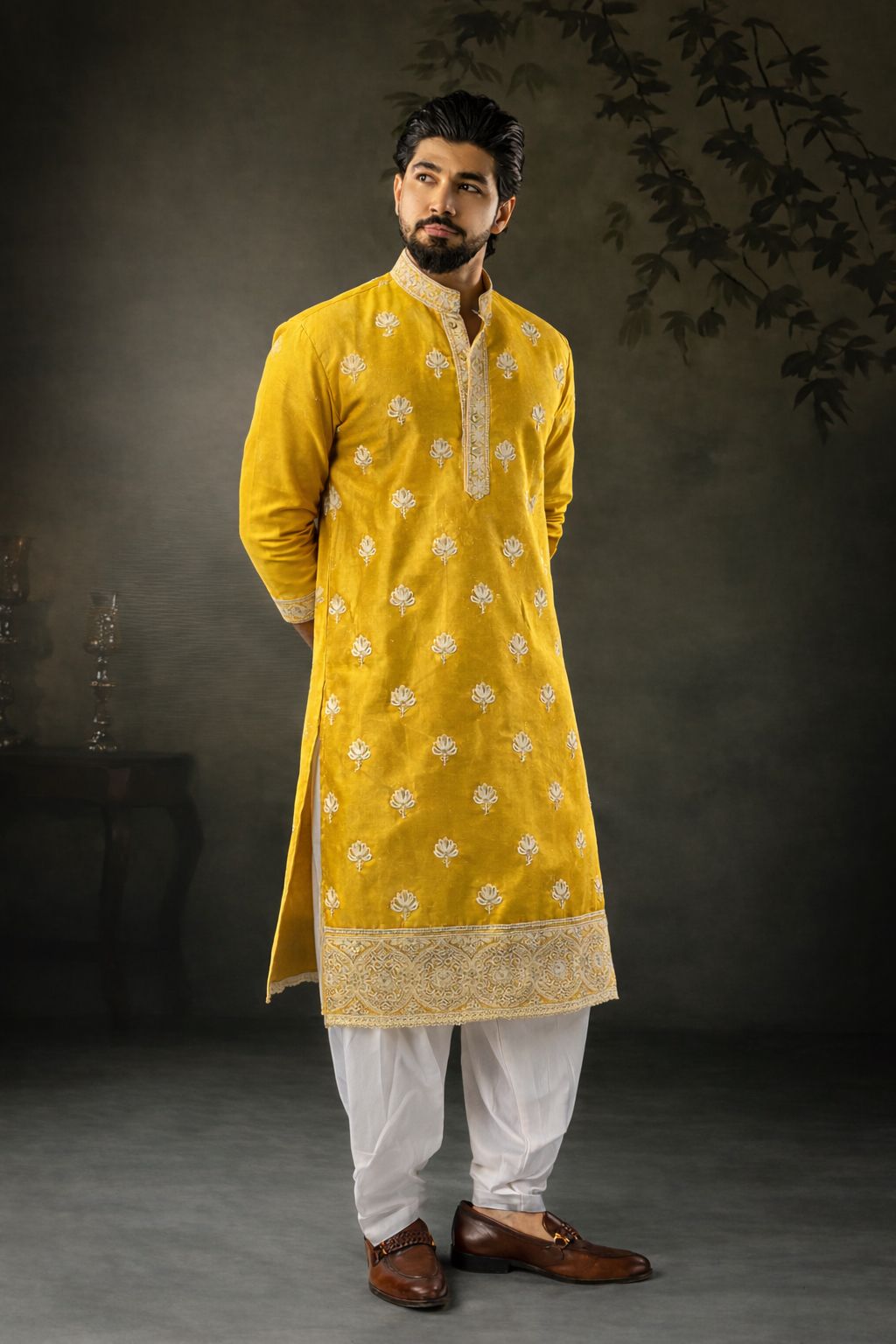 Maharaja Mustard Silk Embroidered Kurta