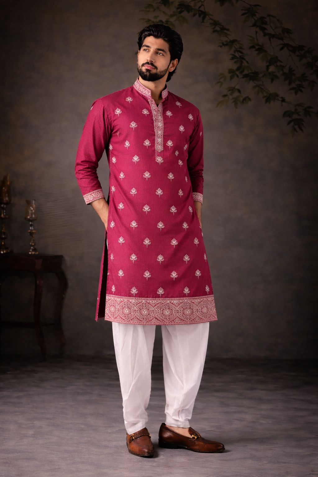 Maharaja Rose Silk Embroidered Kurta