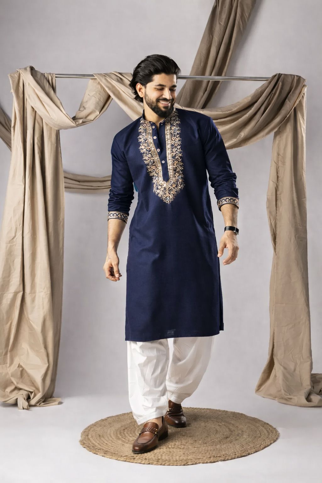 Classic Navy Blue Kurta with Traditional Threadwork