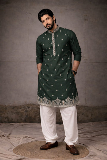 Heritage Green Kurta with Delicate All-Over Embroidery