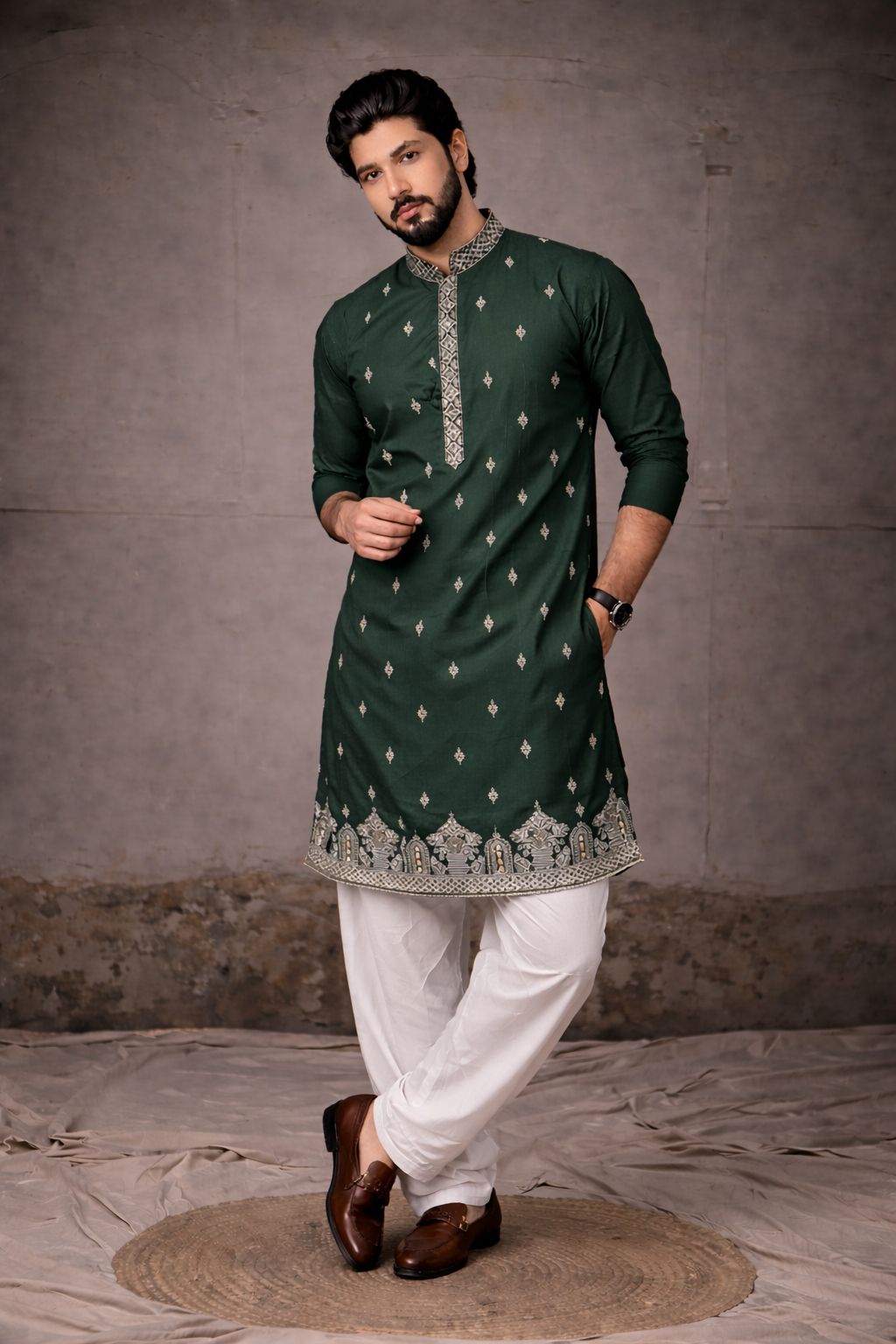 Heritage Green Kurta with Delicate All-Over Embroidery