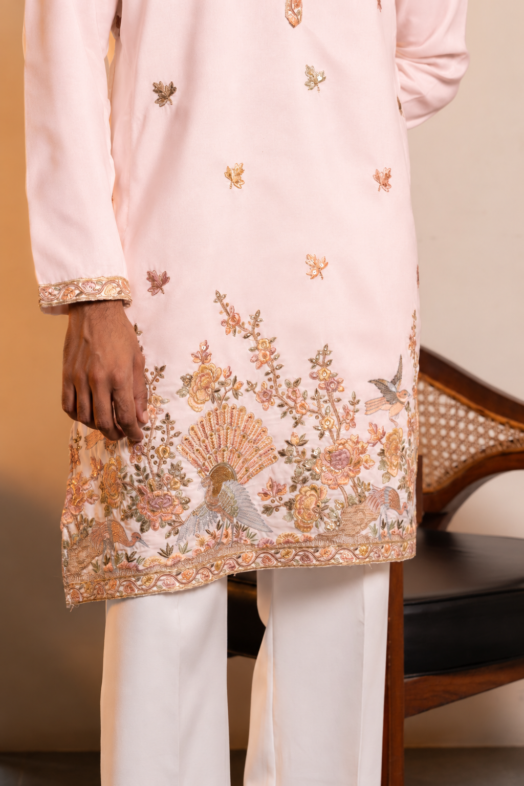 Creamish Pink Peacock Garden Embroidered Kurta