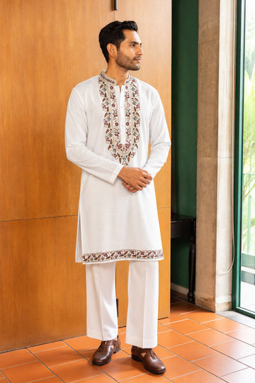 Ivory Royale Neck Work Kurta