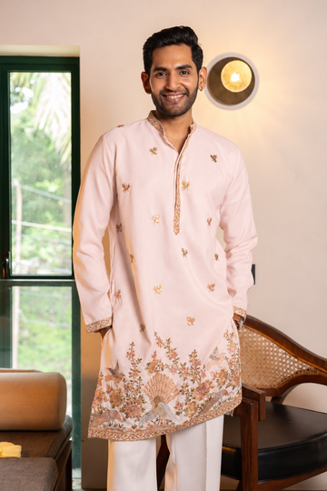 Creamish Pink Peacock Garden Embroidered Kurta