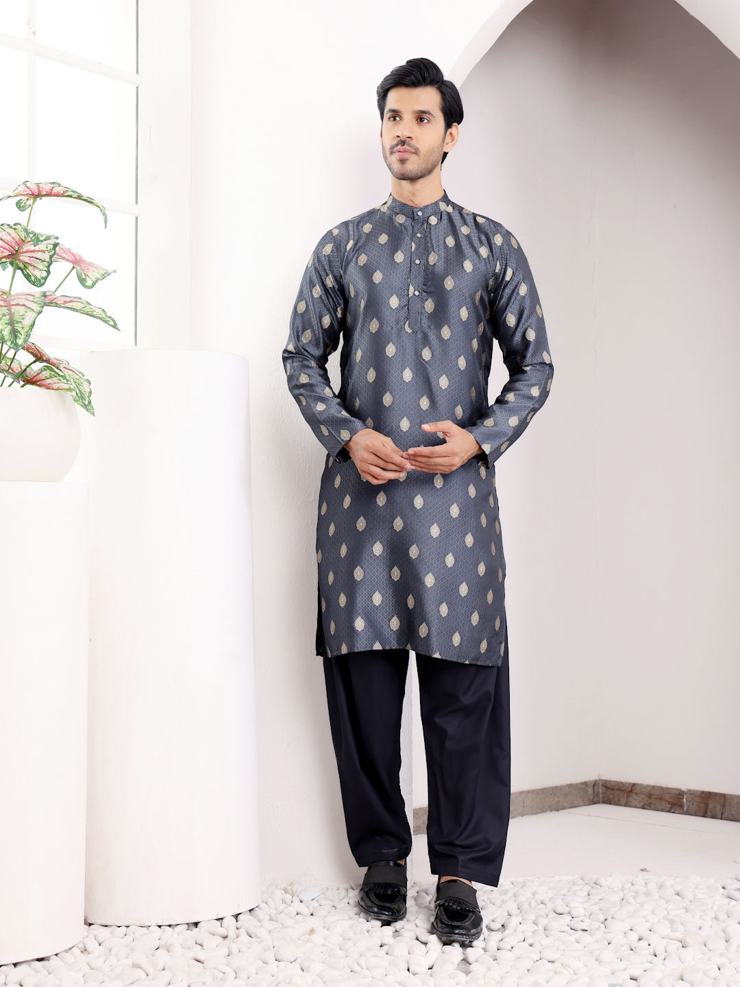 Navy Blue Motif Kurta