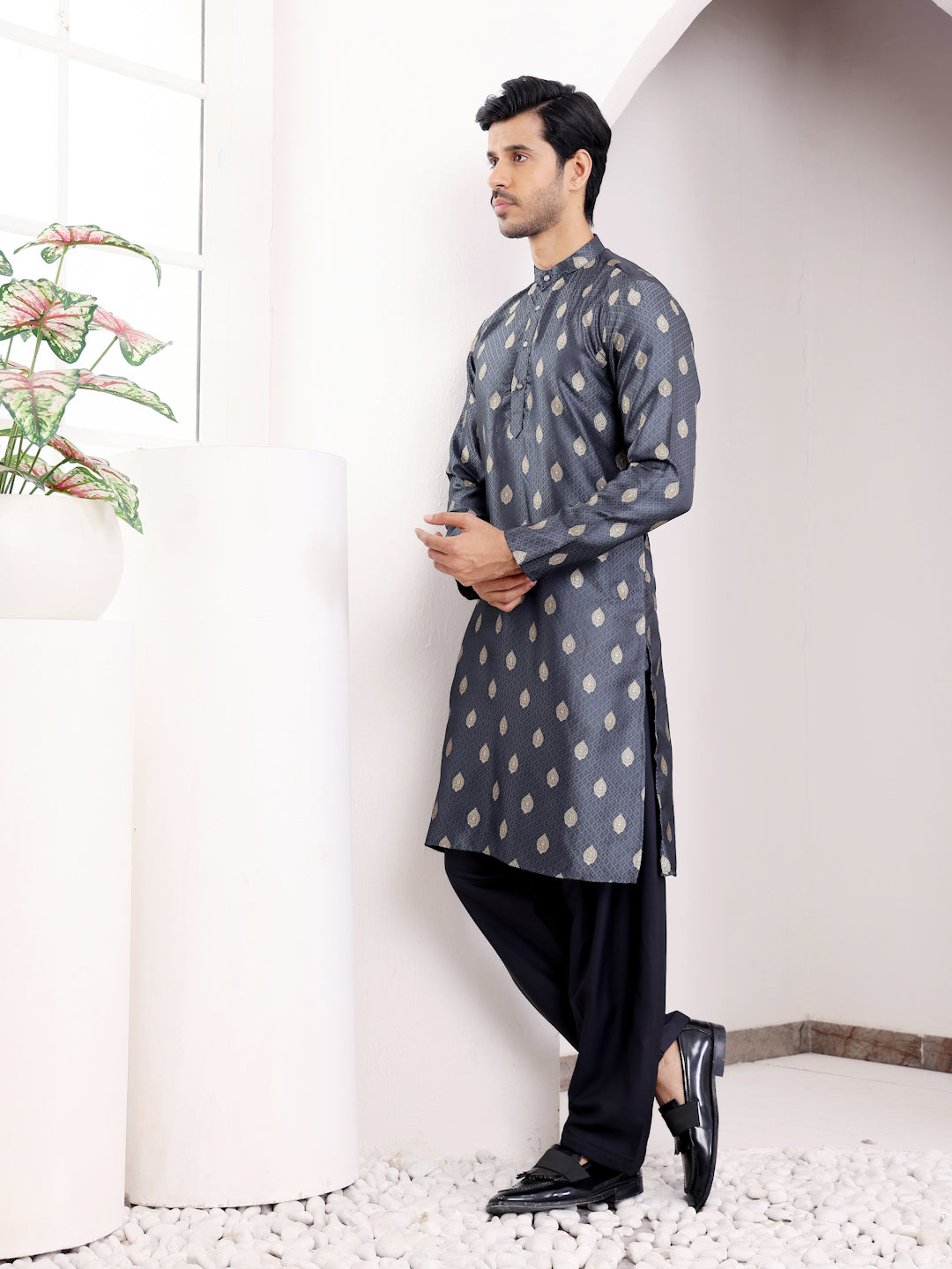 Navy Blue Motif Kurta