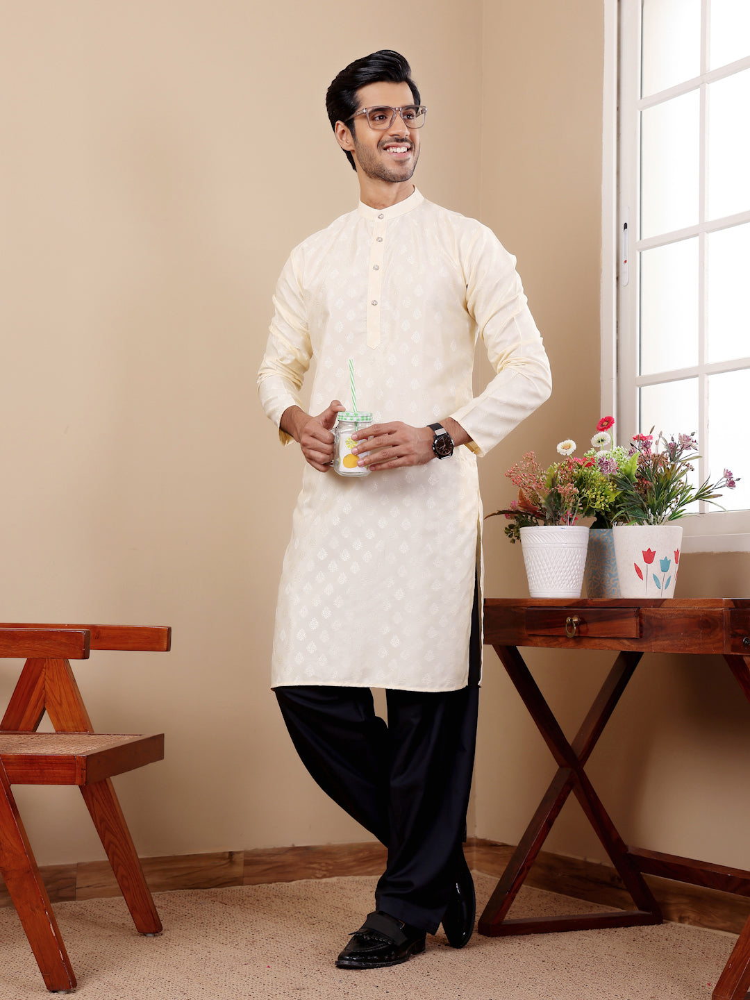 Off White Motif Kurta