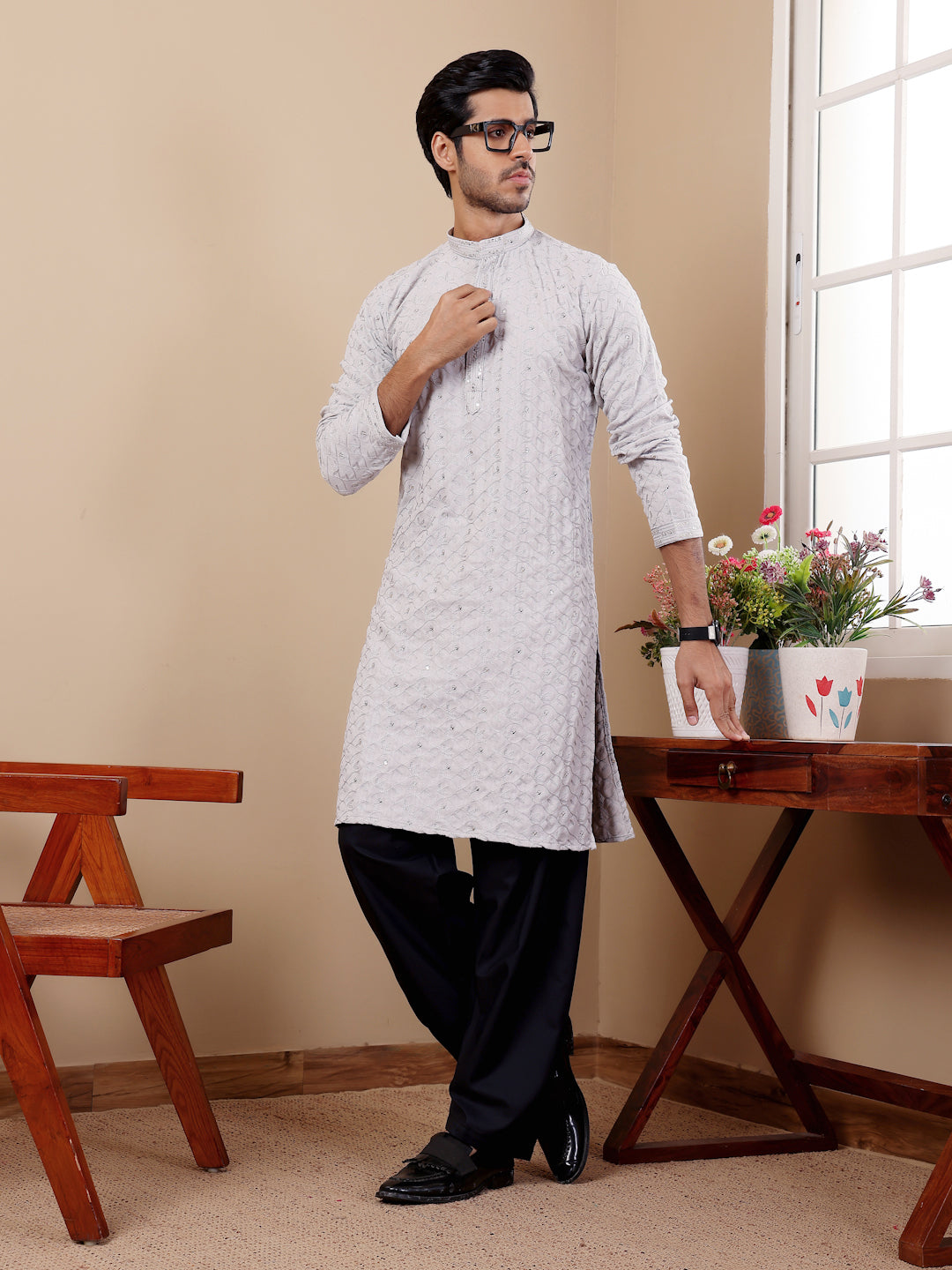 Light Grey Embroidery Kurta