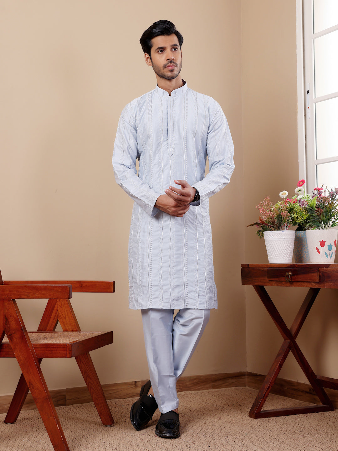 Light Blue Embroidered and Sequence Kurta Set