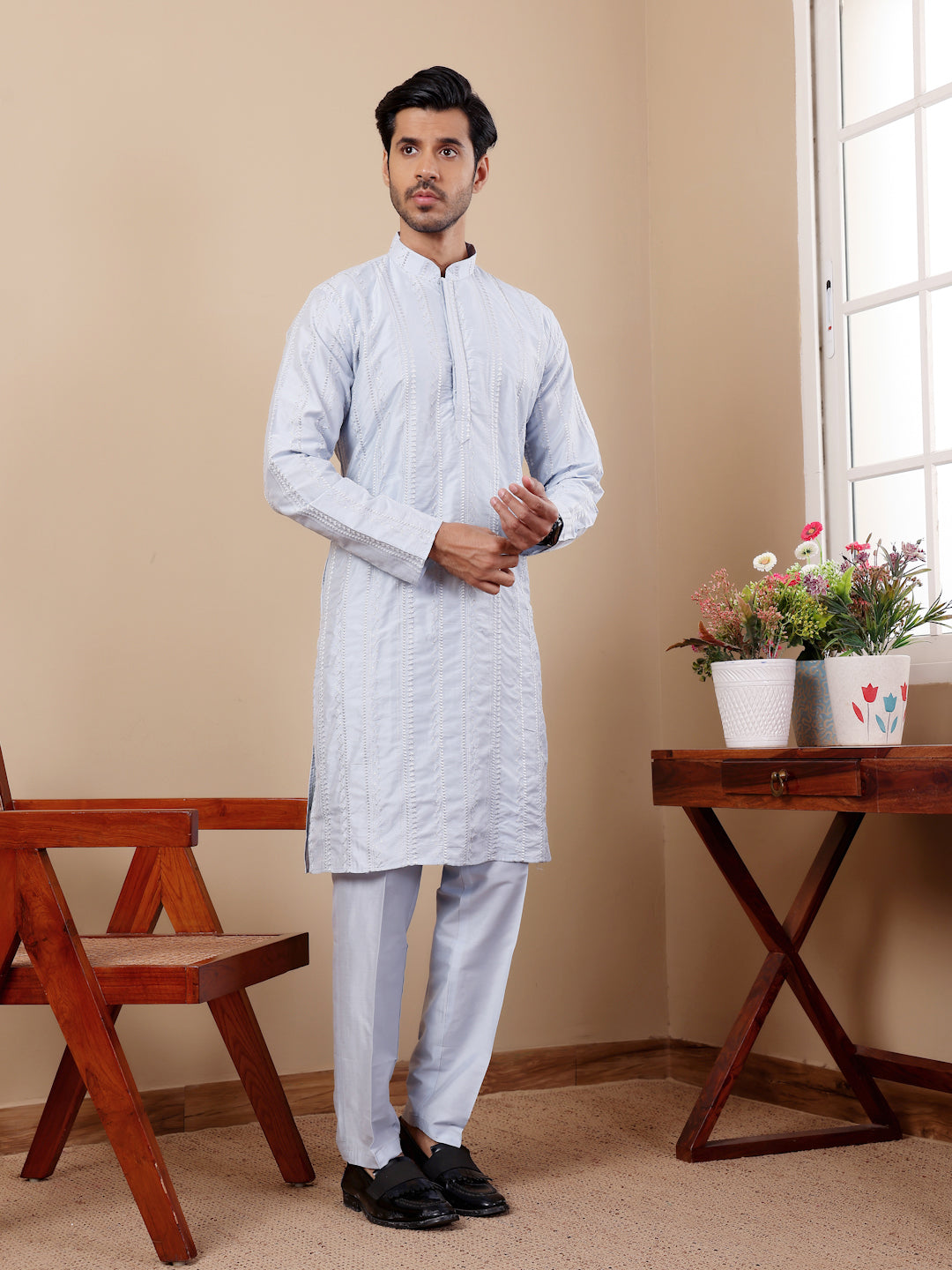 Light Blue Embroidered and Sequence Kurta Set