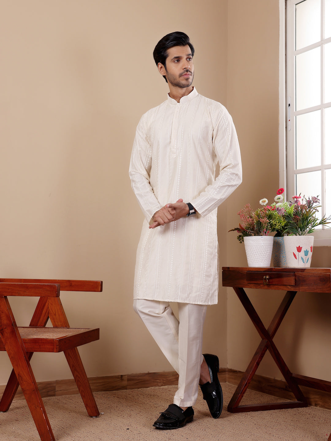 Off White Embroidered and Sequence Kurta Set