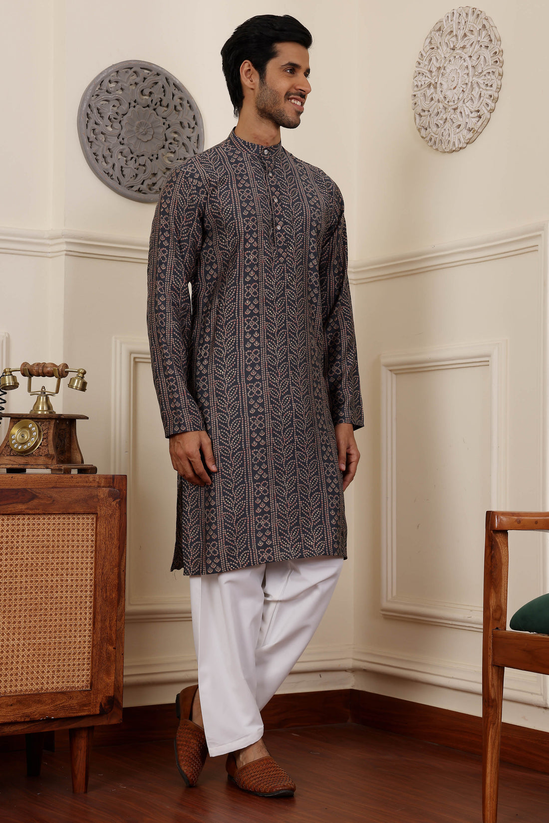 Navy Blue Floral Print Kurta