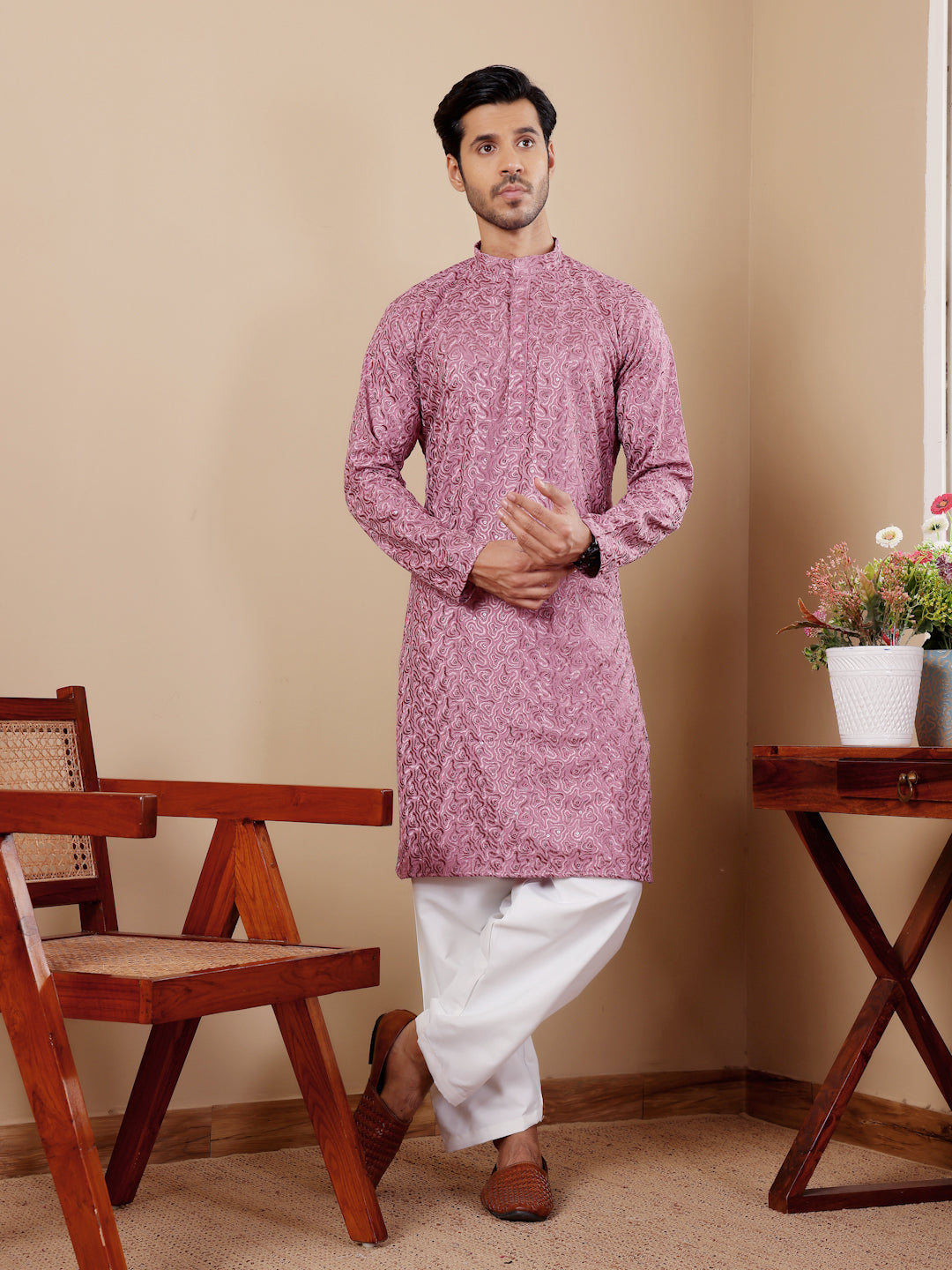 Pinkish Purple Embroidery and Spherical Sequence Kurta