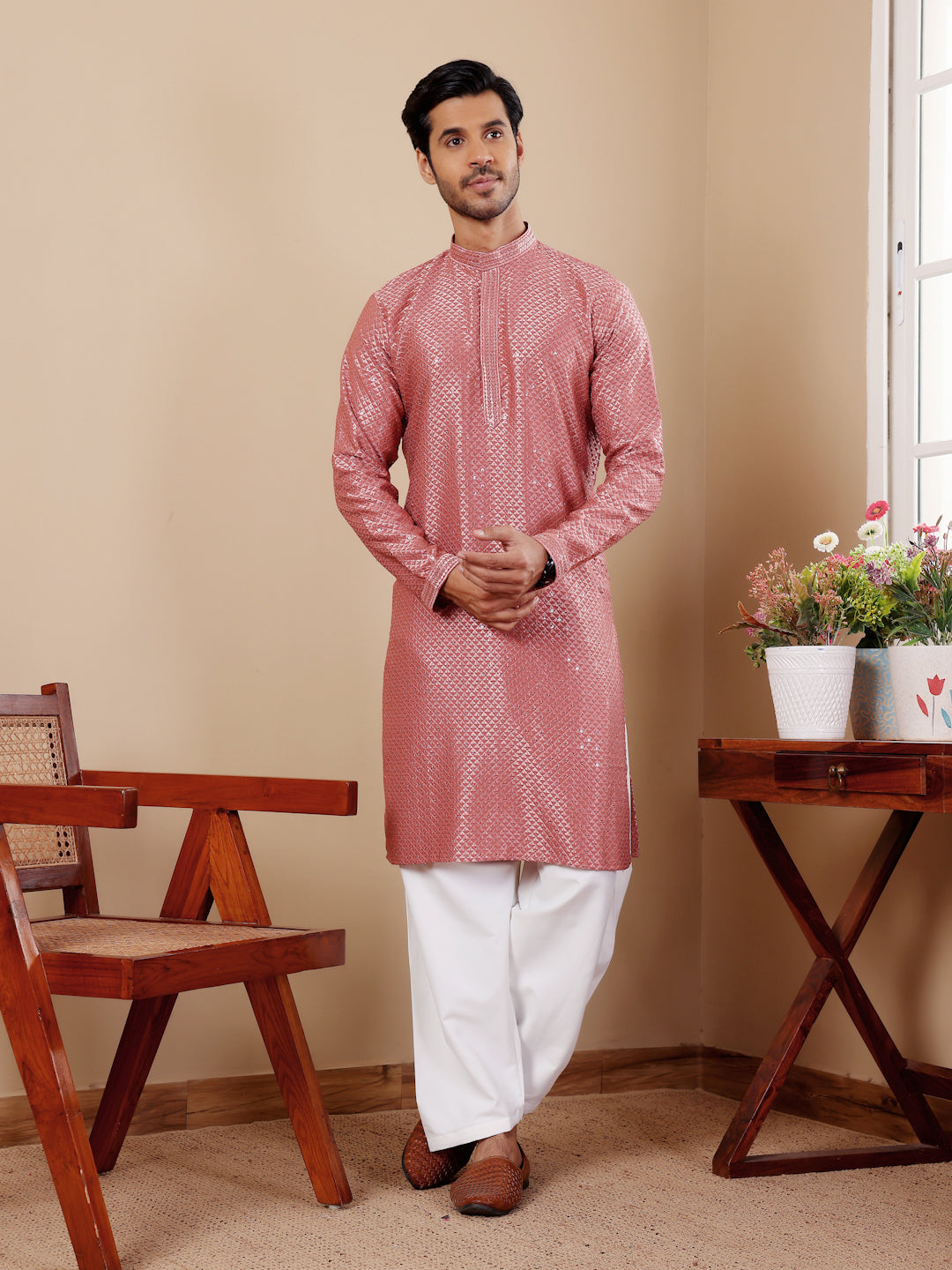 Pastel Red Embroidery Kurta