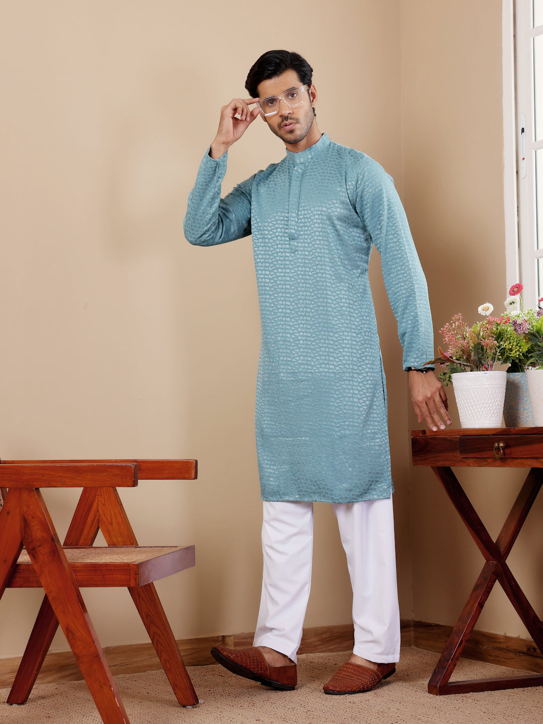 Light Cyan Blue Embroidery and Stone Work Sequence Kurta