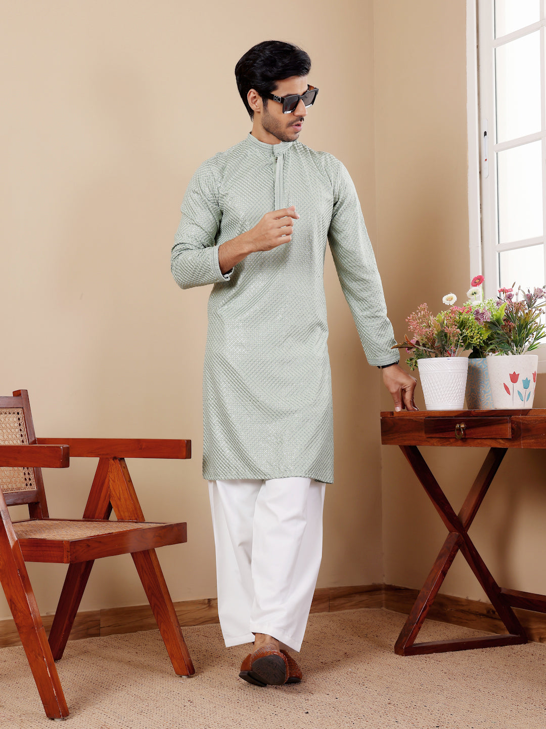 Light Pastel Green Embroidery and Square Sequence Kurta