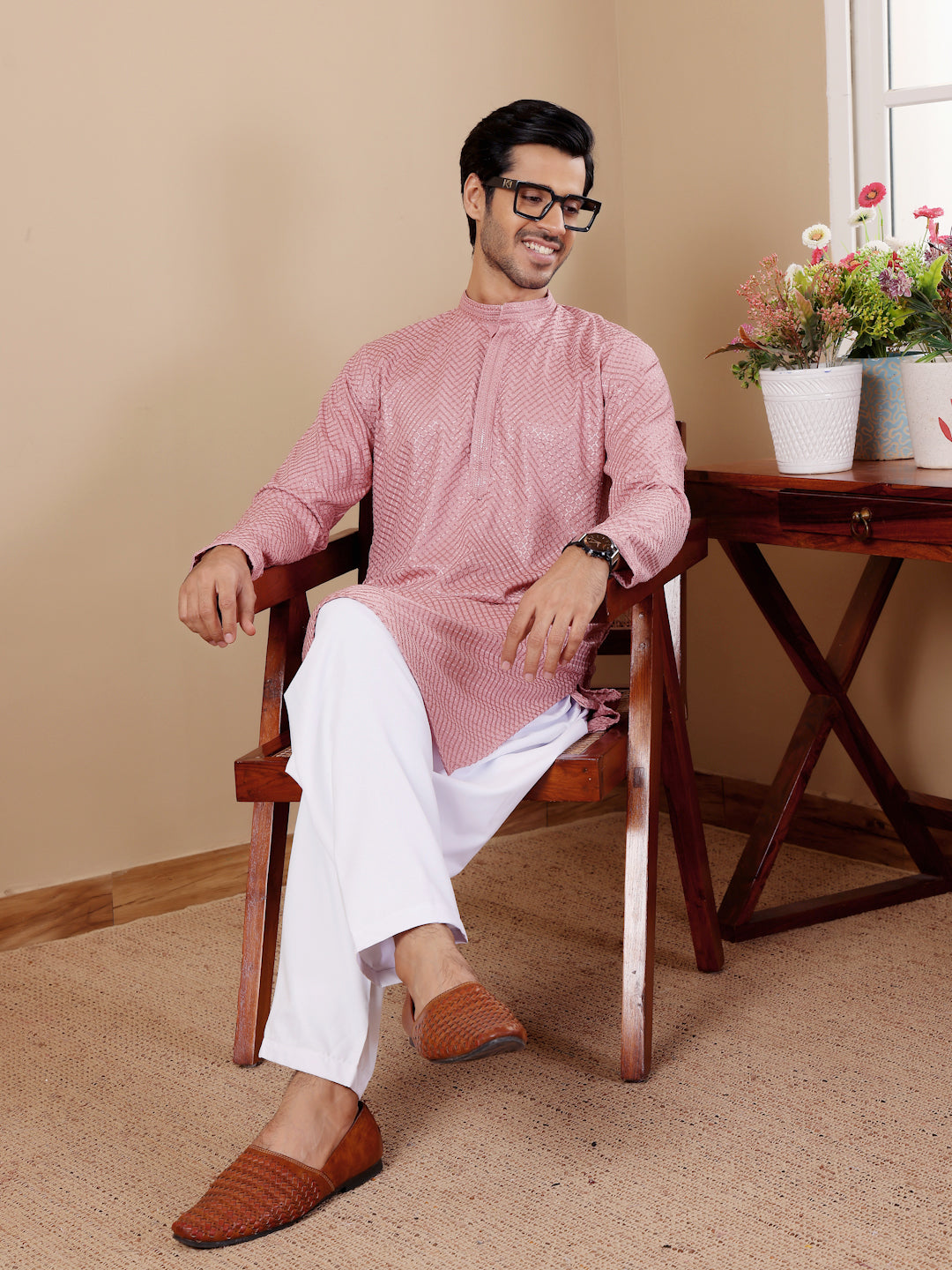 Onion Pink Embroidery and Sequence Kurta